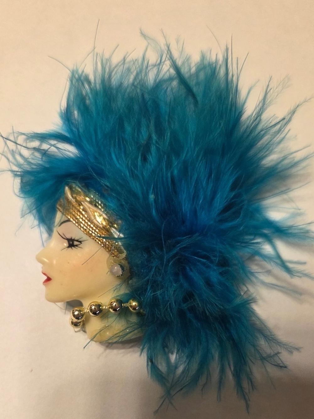 Vintage Blue Feather Hair Woman Brooch